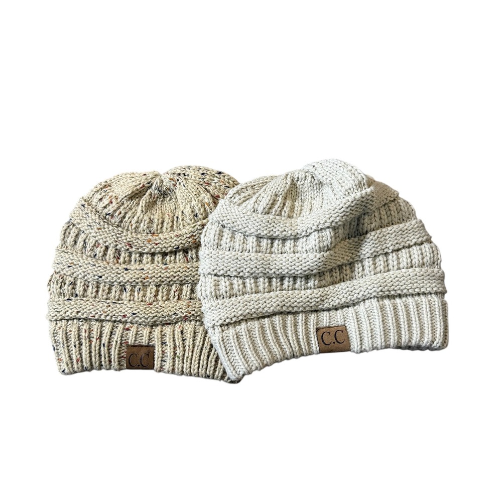 CC‎ Beanies Knit Beanie Hats Set Cream Speckled Taupe One Size Fits Women